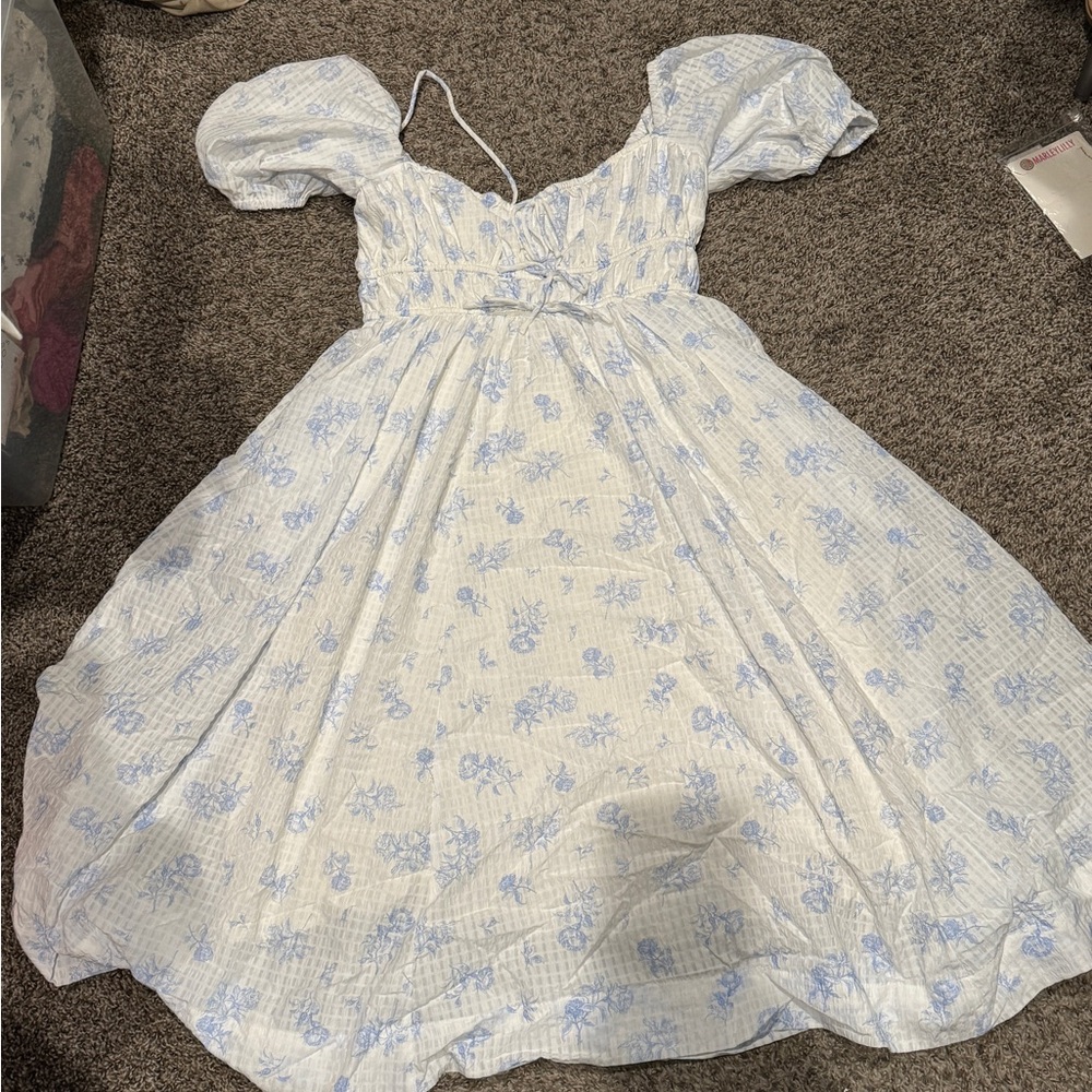 White Dress with Blue Floral Design & Puff Sleeves